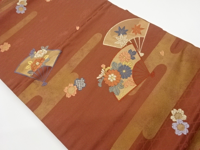 リサイクル　ヱ霞に扇・花々模様織出し名古屋帯